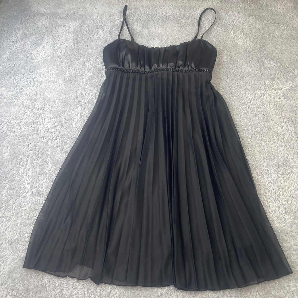 Speechless Pleated Cocktail Dress Womens Small Black Satin Beaded Empire Waist